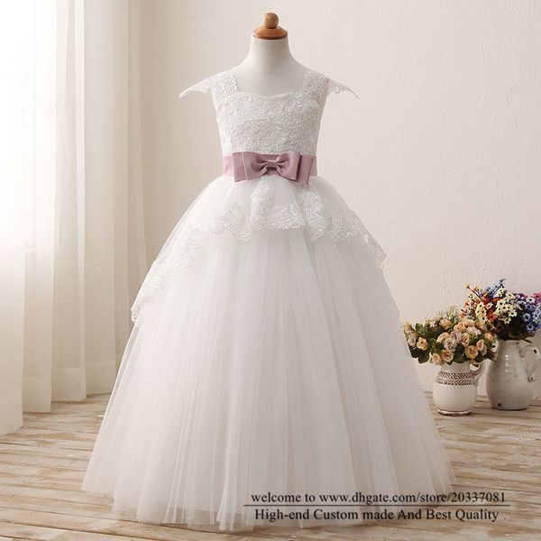 

2021 pretty princess white lace appliques bow flower girl dresses tulle girls pageant gown communion for wedding formal party f04, White;blue
