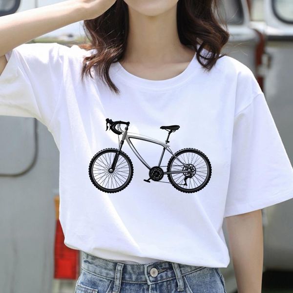 

women's t-shirt graphic tees cartoon bicycle theme tshirts women funny t shirt o-neck vogue ullzang mujer_t-shirt, White