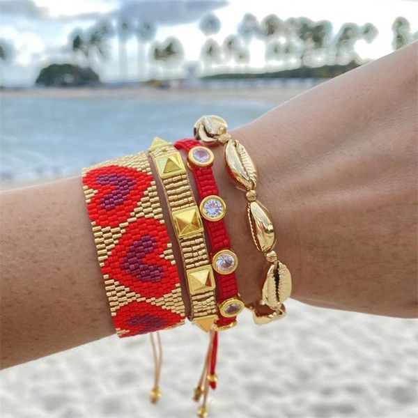 

charm bracelets rttooas star love heart-shaped miyuki bracelet hand-woven light luxury rivet beaded net red pulseras trendy jewelry, Golden;silver