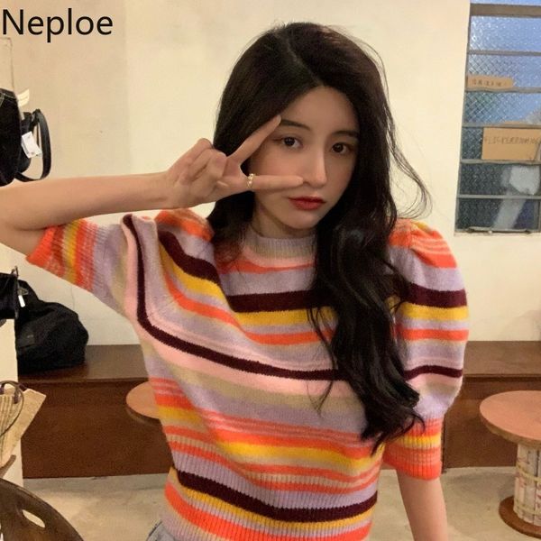 

neploe women's t-shirts casual o-neck knitted pullover korean clothes tees contrast color striped puff sleeve slim rainbow 210422, White