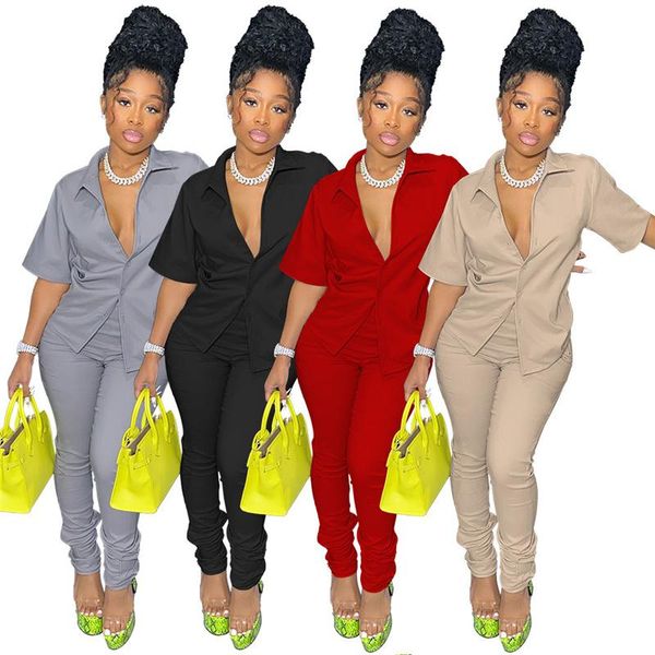 

women's two piece pants simple pure color deep v neck short sleeve bro and tight club party lady fashion tracksuits, White