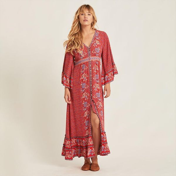 

boho red loose maxi dress womens tanks 3 4 sleeve vneck vintage chic dresses summer clothes beach party floral hippie, White