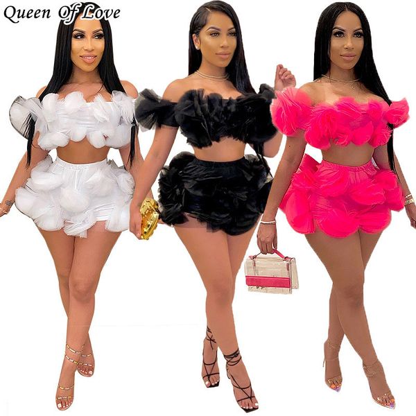 

2 piece set women crop and shorts matching sets summer fashion club party mesh 3d flower design shorts outfits 210420, White