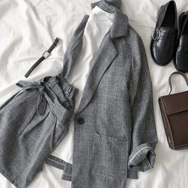 

spring summer women two piece set casual + shorts plus size plaid female office suit set women's 2 piece 210601, White