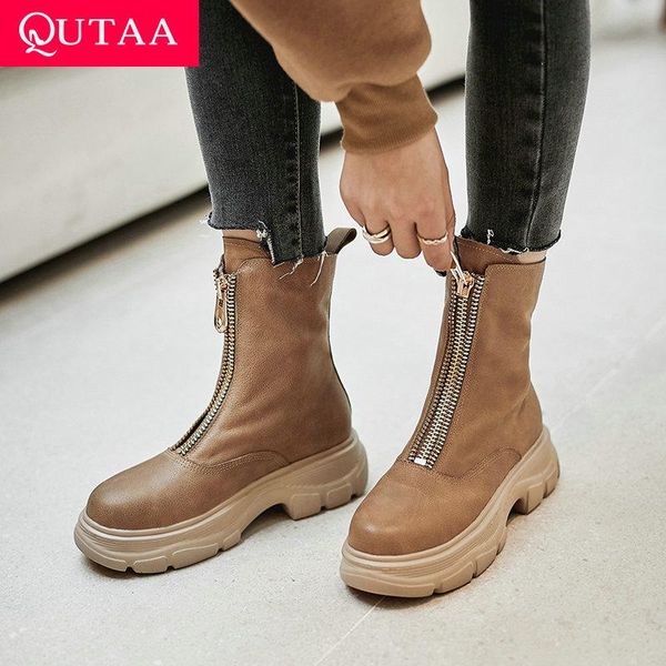 

boots qutaa 2022 winter zipper ankle quality cow leather platform comfort women shoes casual round toe short size 34-41, Black