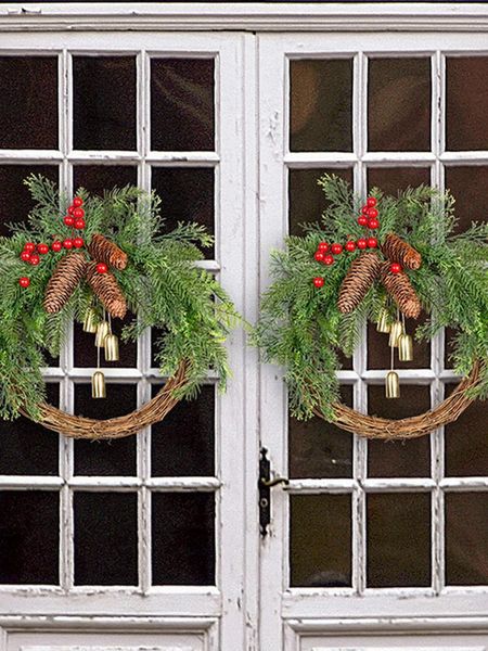 

christmas decorations artificial garlands front door wreaths wreath decorated with pine cones bell and rattan for wall home de