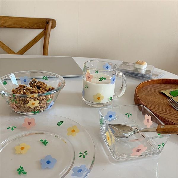 

bowls korean style fresh and lovely flower glass bowl breakfast cereal salad cup heat resistant plate