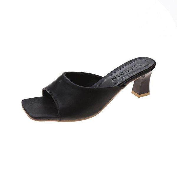

summer fish mouth women sandals thick heel middle fashion slippers personalized, Black