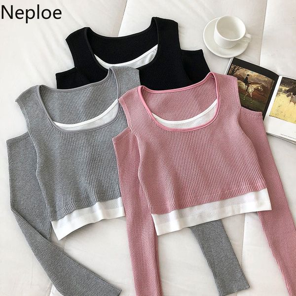 

neploe fashion sweaters for women hollow out off shoulder knitted pullovers crop o-neck long sleeve jumper coat female 210422, White;black