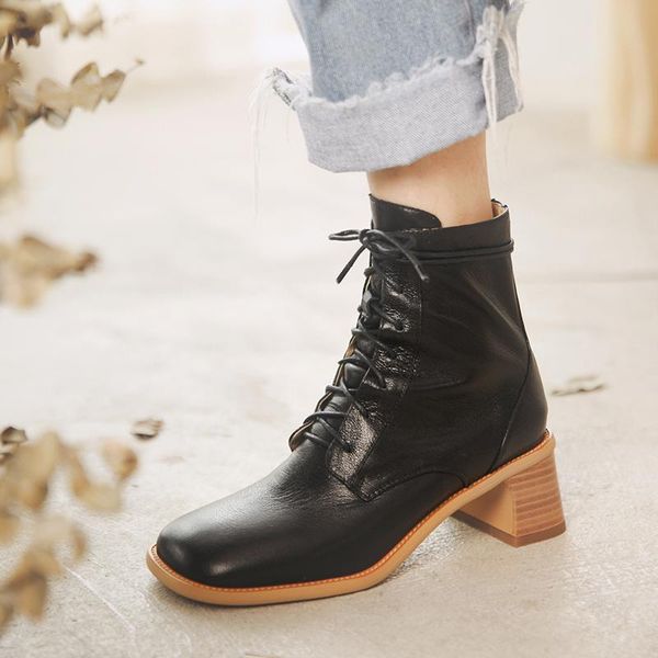

boots brand style square toe thick heel riding cow leather laces women ankle booties fall winter ladies shoes size33-40, Black
