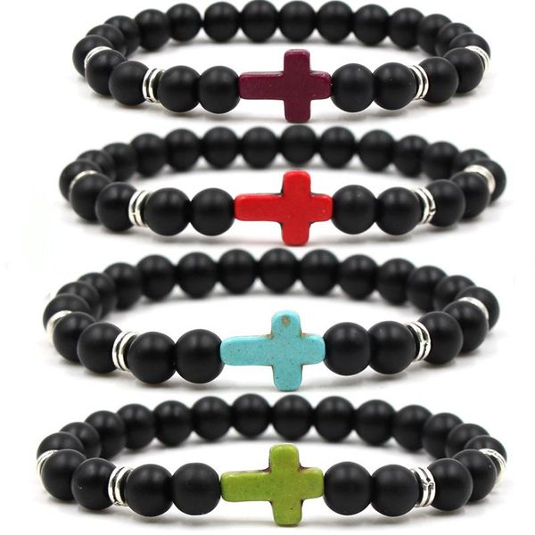 

natural stone cross bracelet fashion bangle black onyx matte beaded bracelets for women men couples jewelry