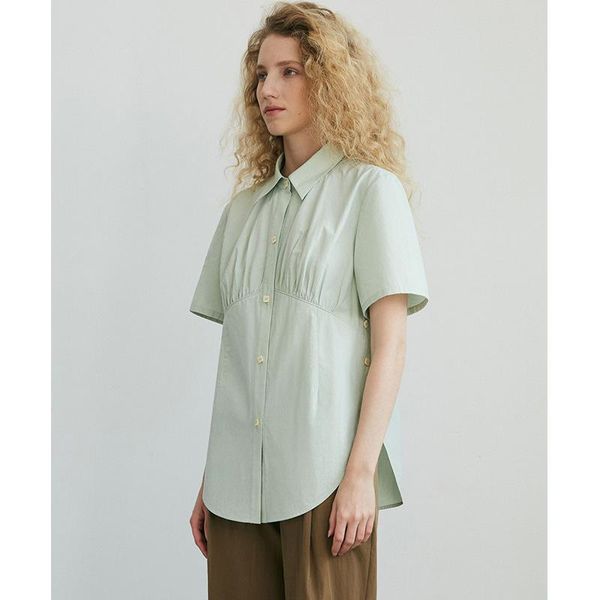 

women's blouses & shirts women shirt 2021 spring and summer style ladies splicing lapel short-sleeved green solid color cotton, White