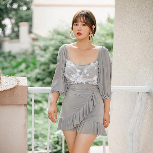 

women's swimwear l xl 2xl 3xl 4xl 5xl big size japan korea two piece swimdress swimsuit women long sleeve young girl spring skirt, White;black