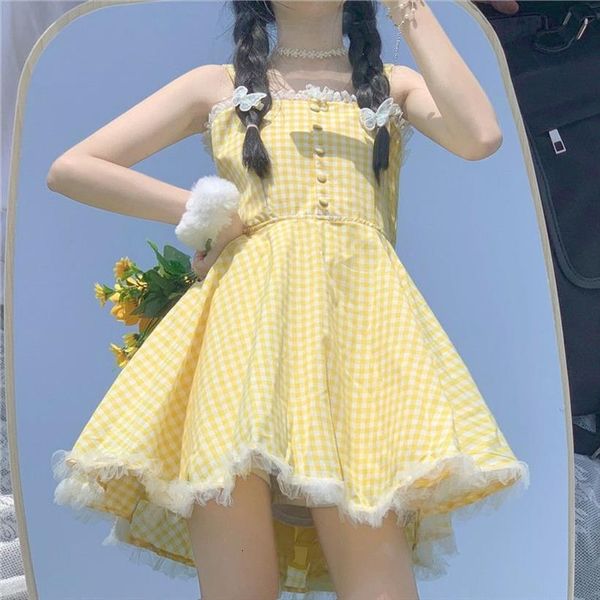 

summer kawaii lolita strap women dresses patchwork lace japanese sweet cute mini yellow plaid fairy tale casual, Black;gray