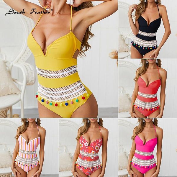 

one-piece suits south feather misswim v-neck one piece swimsuit female monokini plus size swimwear women mesh bikini 2021 bodysuit