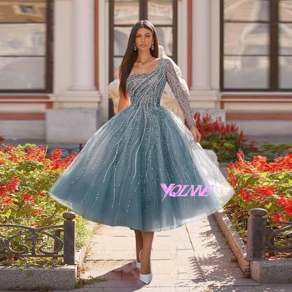 

party dresses yqlnnecouture one shoulder long sleeve evening ball gowns tulle beaded tea-length robes de soirÃ©e vestidos, White;black