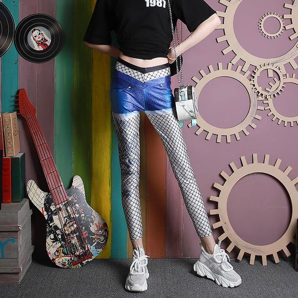 

women's pants & capris xuxi autumn 2021 women thin fashion printing splicing fake two stretch tight pencil high waist loose fz3069, Black;white