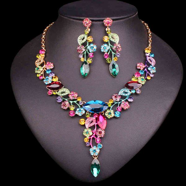 

jewelry sets new fashion leaves flowers bridal wedding necklace earrings for brides women's party costume crystal jewellery, Black