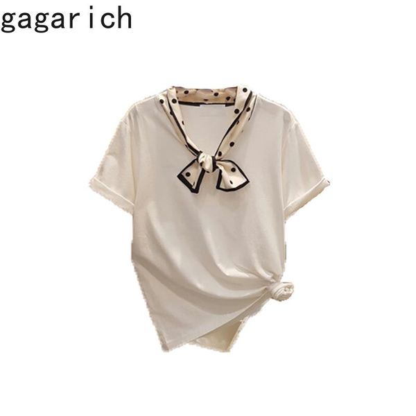 

women's t-shirt gagarich women t-shirts 2021 summer french simple temperament girls polka dot bow stitching v-neck short-sleeved pullov, White
