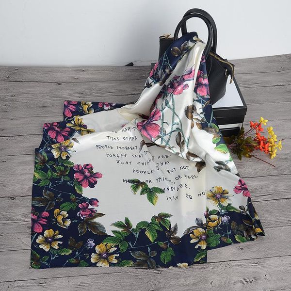 

scarves 2021 summer letter print bandana kerchief 90x90cm beach towel female satin silk scarf fashion sunscreen high-grade shawl, Blue;gray