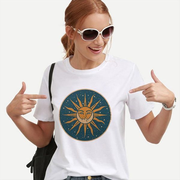

sun and moon graphic novelty womens t shirt funny casual print harajuku, White