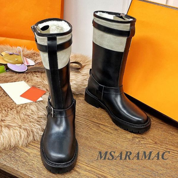 

boots winter stitching color belt buckle long leather round toe platform plush fashion street ladies all-match warm, Black