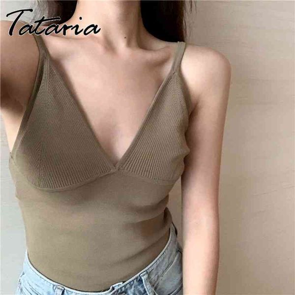 

women's camisole knitted vest summer sling deep-v tanks female sleeveless casual green slim korean style 210514, White