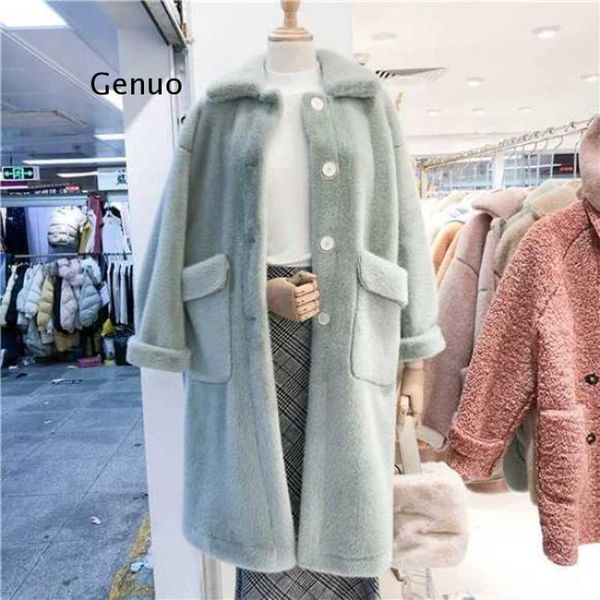 

women's wool & blends winter fur imitation mink velvet loose warm mid-length single breasted women one piece of woolen blend coat, Black