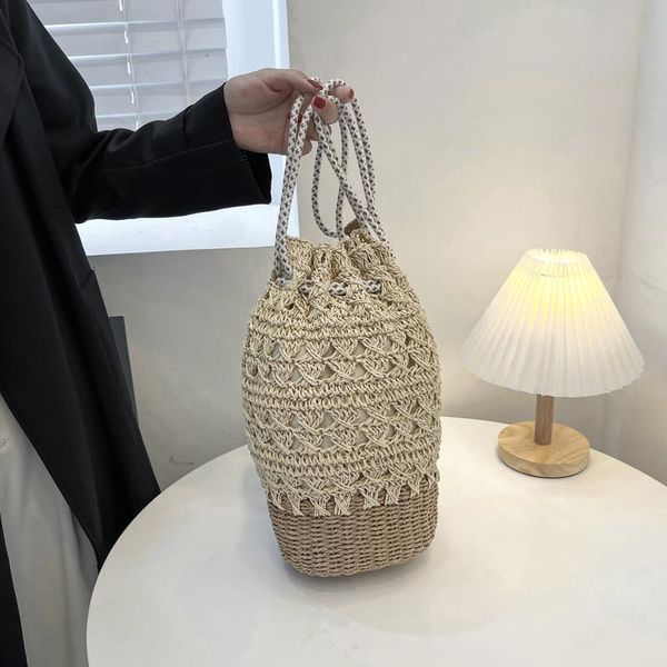 

evening bags fashion bucket bag paper rope straw woven women's shoulder handbags and purses vacation beach female tote