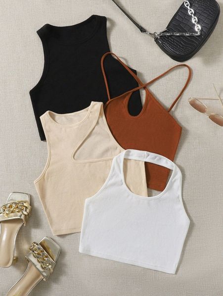 

4pcs solid crop tank h5lz#, White
