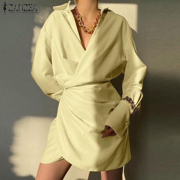 

casual dresses office work dress women spring v neck long sleeve mini zanzea elegant pleated vestidos back elastic waist ol kaftan, Black;gray