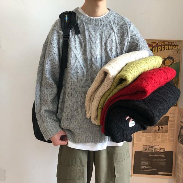 

men's sweaters korean fashion for men cable knit sweater pure color streetwear long sleeve shirts crew neck clothing, White;black