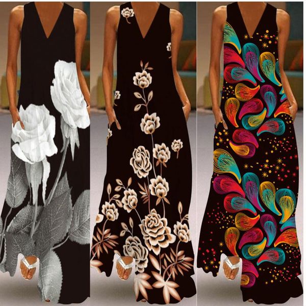 

casual dresses women dress bohemia vintage sundress sleeveless print v-neck maxi summer party cami with pockets vestidos, Black;gray