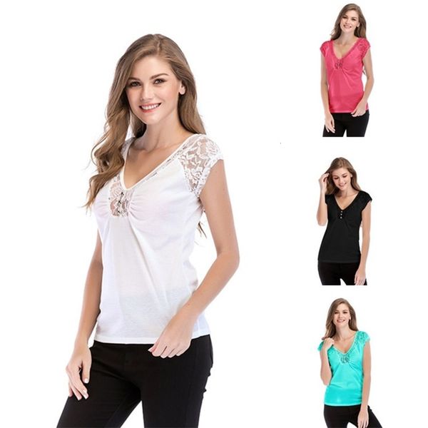 

women's t-shirt short sleeve summer v-neck solid lace stitching 9tja, White