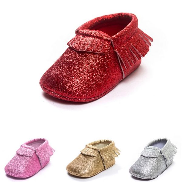 

red twinkling baby girl shoes bling newborn first walkers x'mas children moccasin tassel leather shiny christmas boy fringe sock 210413, Black;red