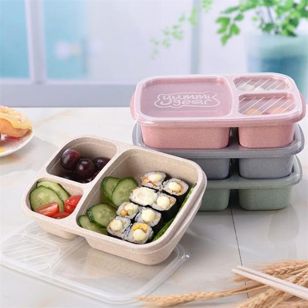 Weizen-Stroh-Lunchbox-Student Tragbarer Lebensmittel-Speicher-Container Gesundheit 3 ​​Grid Mikrowackierbares umweltfreundliches BPA-freies Picknick 210423