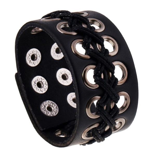 

tennis hip- craftwork double row holes black leather bracelets manual braided male motorcycle bangles jewelry decorations, Golden;silver