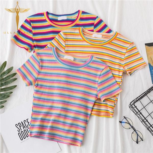 

women's t-shirt women cotton rainbow striped harajuku tshirt summer short sleeve navel skinny stitching korean punk crop woman, White