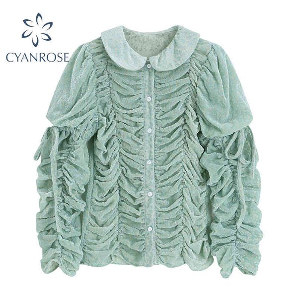 

vintage blouses for women party elegant pleated shirt lady stylish peter pan collar wrinkled long sleeve green flannel 210417, White