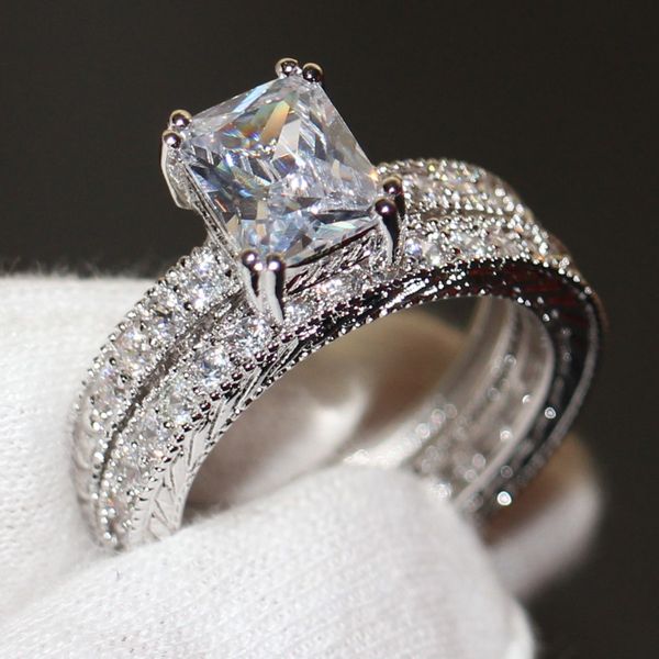 

size 5-10 vintage fashion jewelry 10kt white gold filled princess cut 5a white z cz diamond retro women weding bridal band ring set gift, Slivery;golden