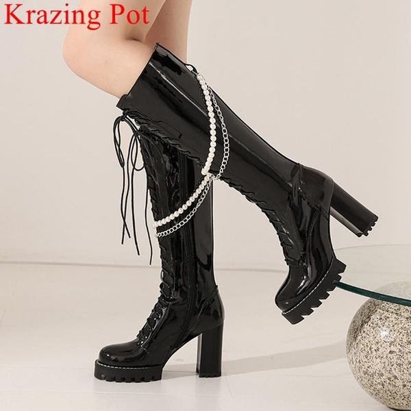 

boots krazing pot big size 42 patent leather chain modern warm winter shoes high heels nightclub platform brand knee-high, Black