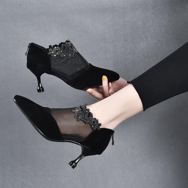 

dress shoes for women high heels mesh breathable zip pointed toe lady pumps party stiletto crystal solid color fashion female footwear, Black