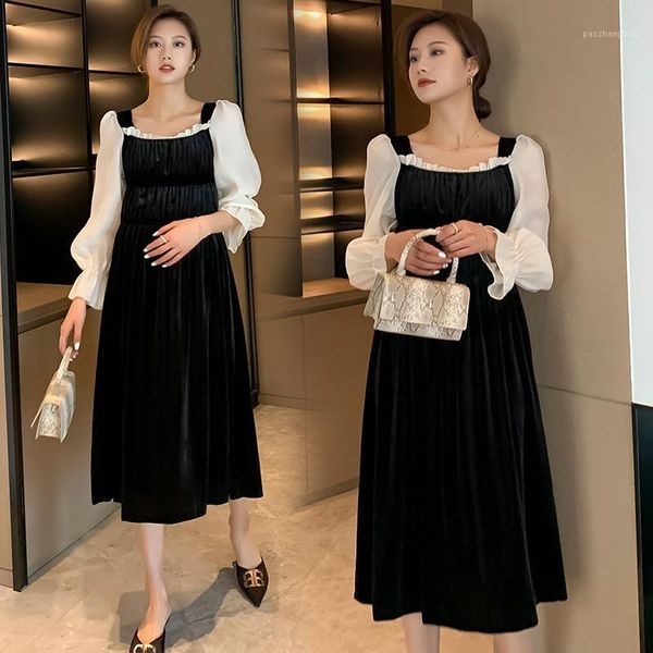 

4848# maternity clothes spring autumn long sleeves patchwork easy matching loose stylish dress pregnant women mom dresses1, White