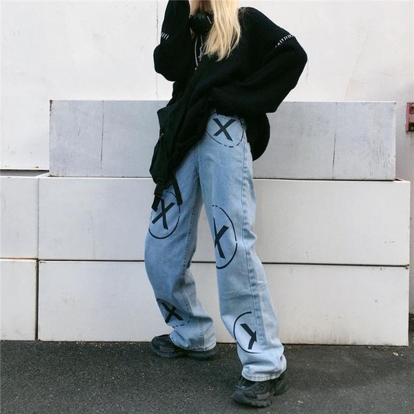 

spring gothic women jeans funny graffiti straight leg pants female loose high-waisted blue jean mujer women's