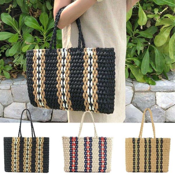 

shopping bags bohemia women straw summer beach rattan tote wicker weave striped