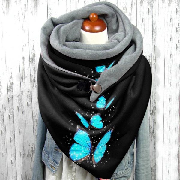 

scarves women 2021 winter warm fashion butterfly printing button soft wrap casual shawls bufanda foulard d5, Blue;gray