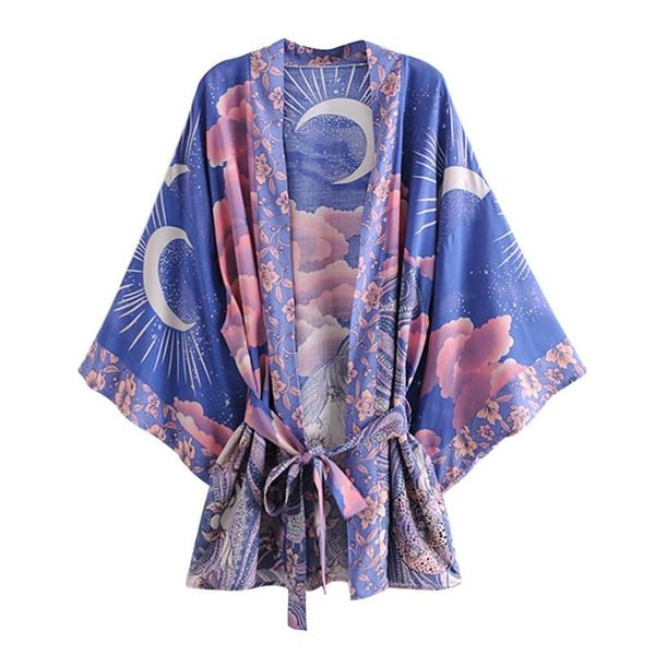

ethnic clothing boho yukata vintage blue floral print sashes women bohemian kimono v neck batwing sleeves happie short robe haori ff3374, Red