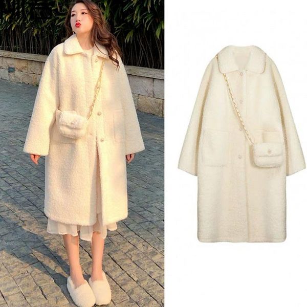 

women's jackets winter lamb wool warm coat white women solid turn-down collar long 2021 korean single breasted pockets loose coats, Black;brown