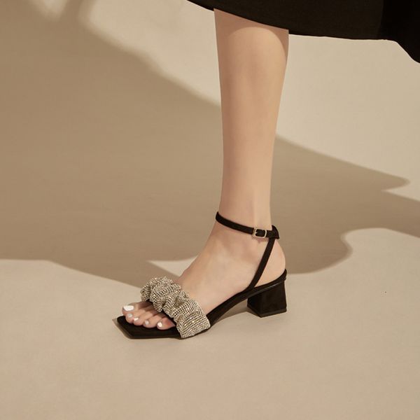 

2021 summer high heeled sho with diamond open toe square head and thick heel