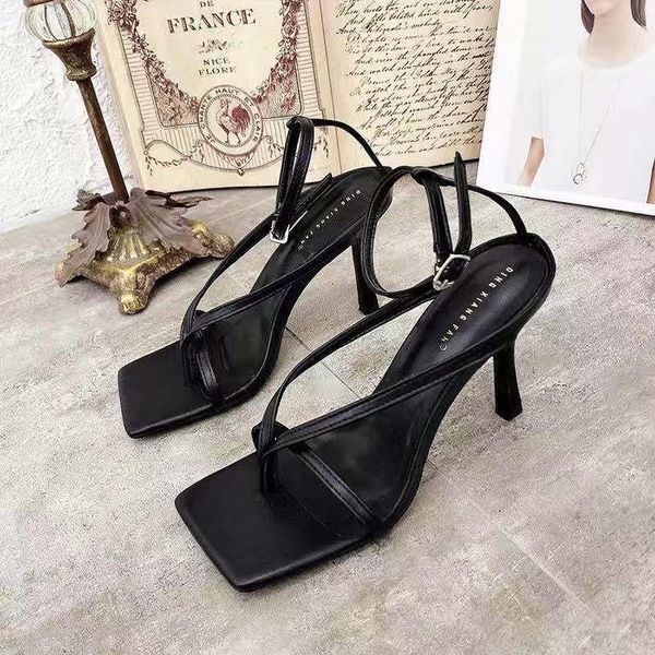 

sandals summer fashion pinch narrow band women gladiator sandal ladies square open toe ankle buckle strap stiletto heel zapatillas mujes, Black